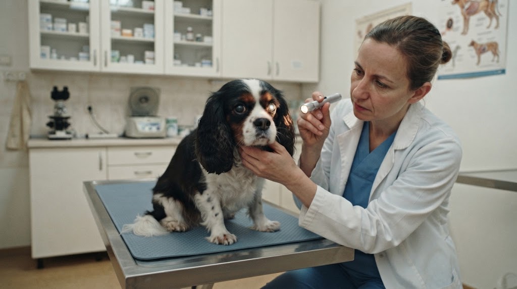 Veterinár vyšetruje psa so zakaleným okom v ambulancii